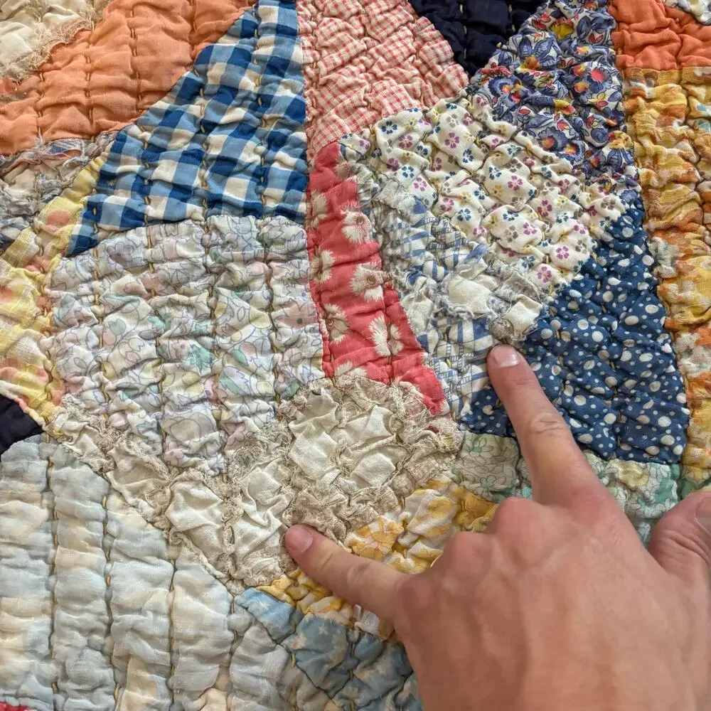 Vtg Crazy Patchwork Quilt Handmade Scrunchy Cotton Colorful 54x69” Feedsack?